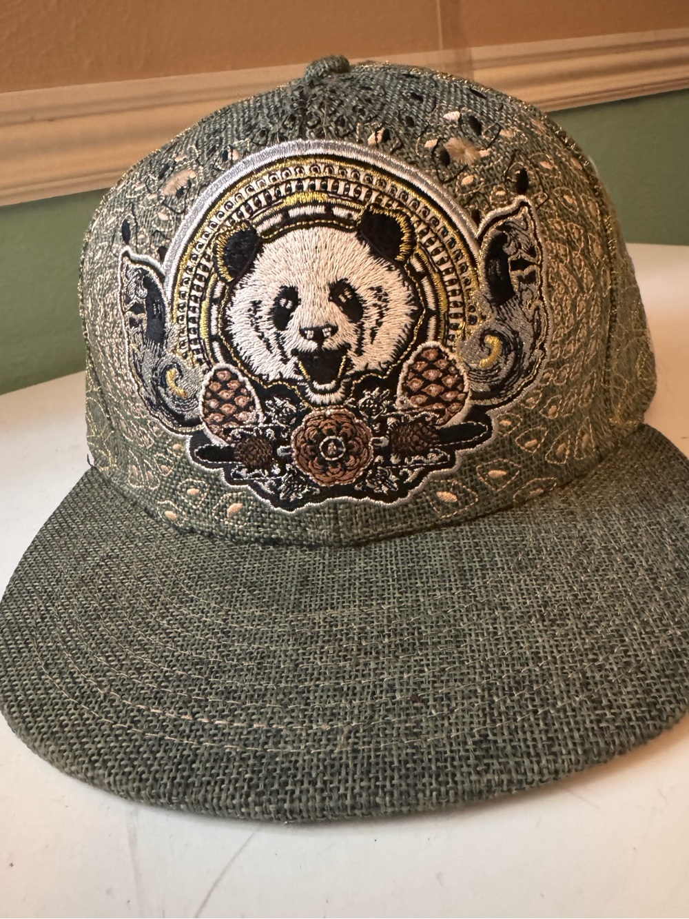 Embroidered Panda Snapback Hat - Olive Green